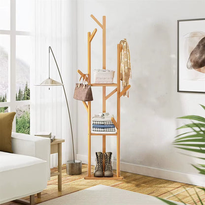 Bamboo Corner Tree Coat Rack Stand Clothes Hanger with Hooks and Shelves