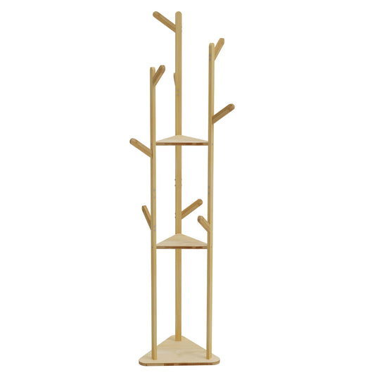 Bamboo Corner Tree Coat Rack Stand Clothes Hanger with Hooks and Shelves