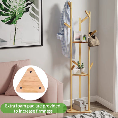 Bamboo Corner Tree Coat Rack Stand Clothes Hanger with Hooks and Shelves