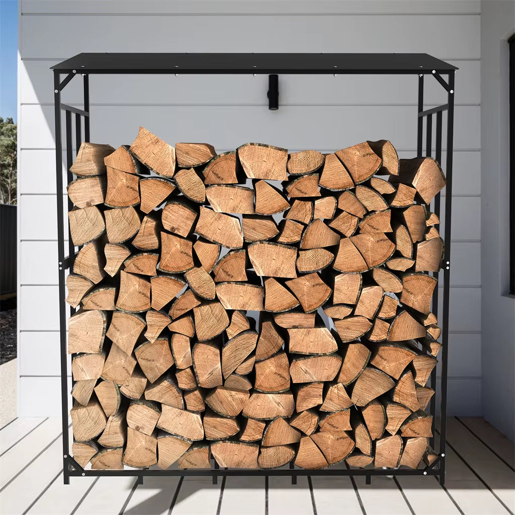 70" Outdoor Metal Log Store Stack Holder Wood Firewood Rack Garden Storage Shed with Waterproof Roof