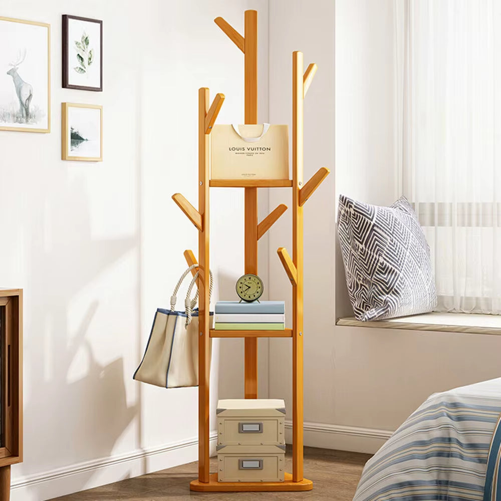 Bamboo Corner Tree Coat Rack Stand Clothes Hanger with Hooks and Shelves