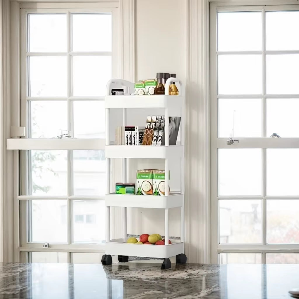 1Pc 3/4-Tier Rolling Storage Cart, Plastic Multi-Functional Organizer Trolley, Slim, Space-Saving, Adjustable Shelves, with Easy
